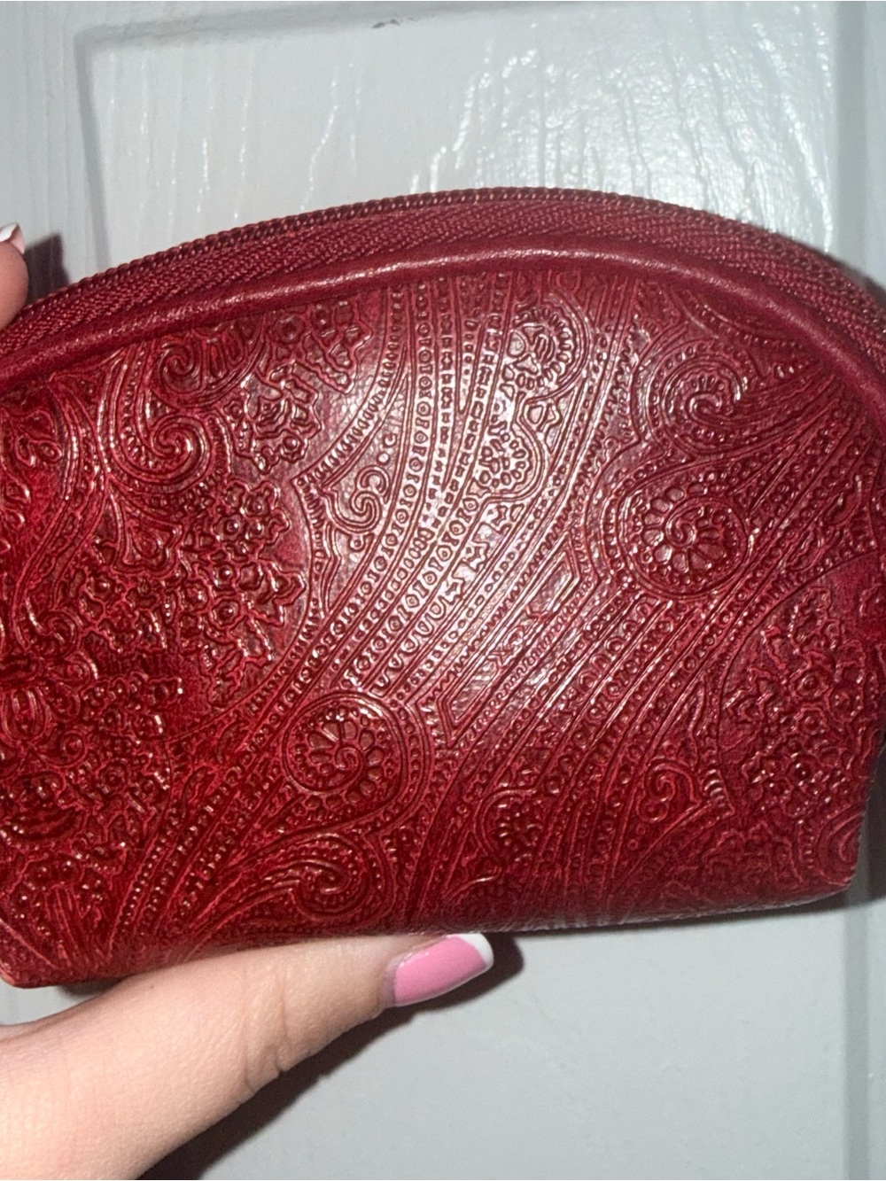 Embossed Red Mini Cosmetic Pouch - Elegant Paisley Design
